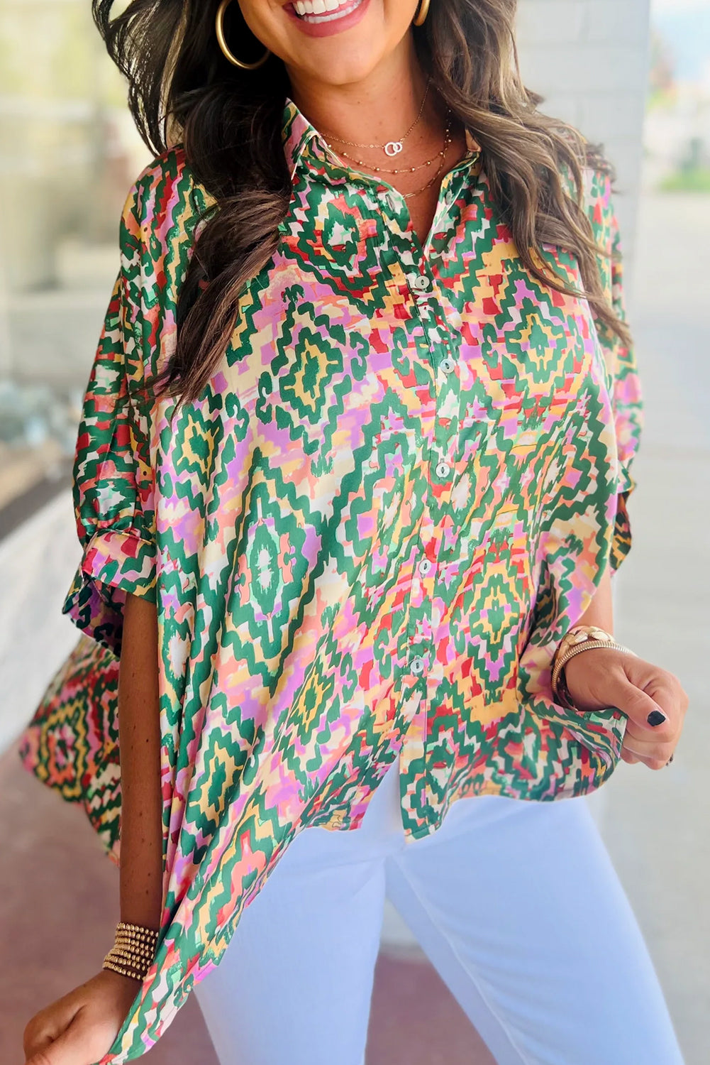 Dark Green Geometric Print Button Up Shirt