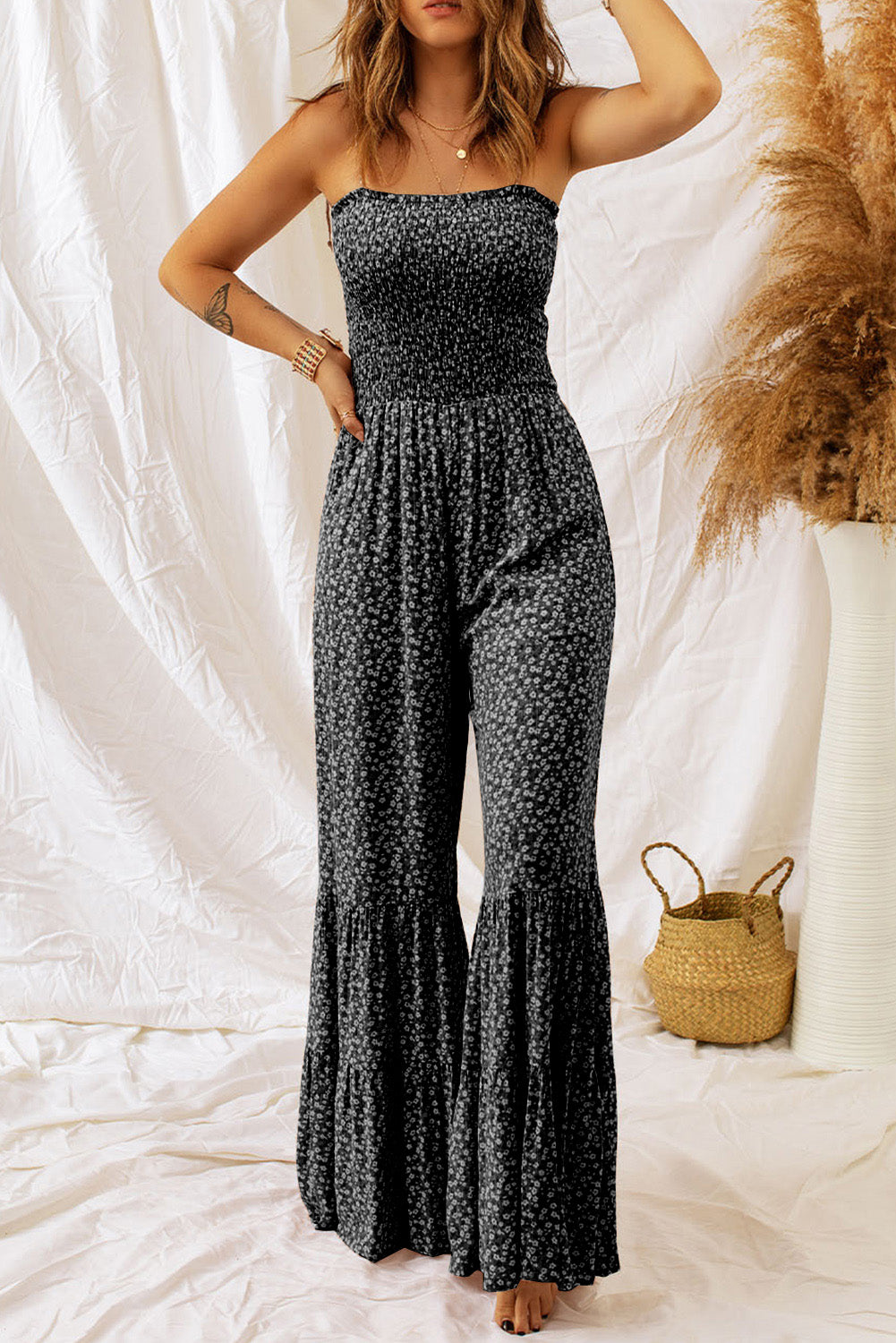 Dusk Blue Floral Print Spaghetti Straps Smocked Wide Leg Jumpsuit | S - 2XL | 4 COLORS