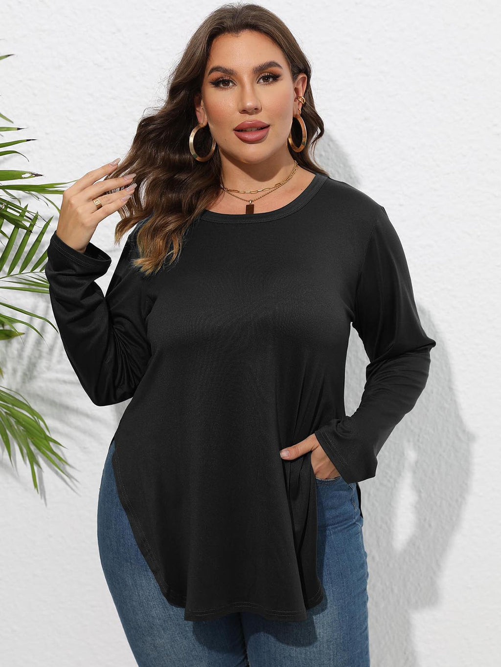 Camiseta de manga larga con abertura y cuello redondo de talla grande