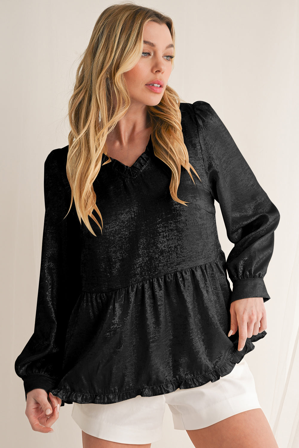 Gold Metallic Frill V Neck Puff Sleeve Babydoll Blouse