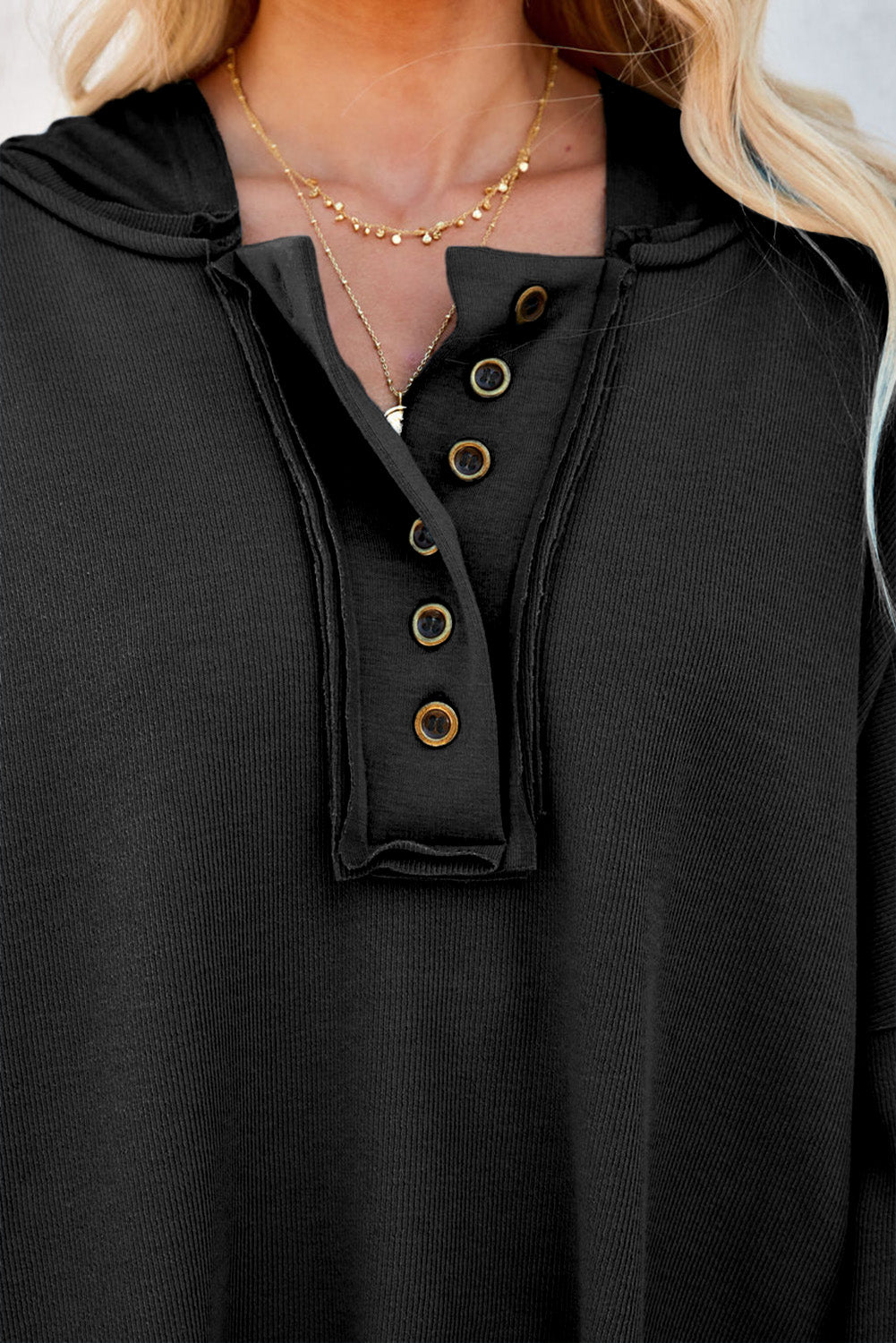 Black Solid Color Button Front Basic Pullover Hoodie