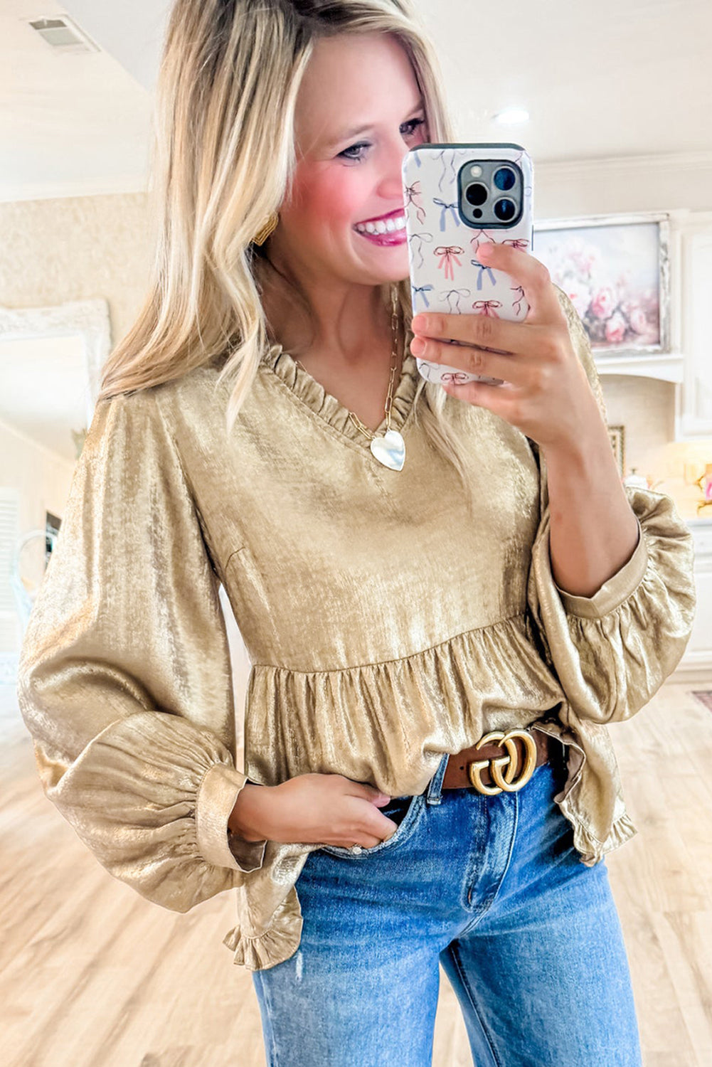 Gold Metallic Frill V Neck Puff Sleeve Babydoll Blouse