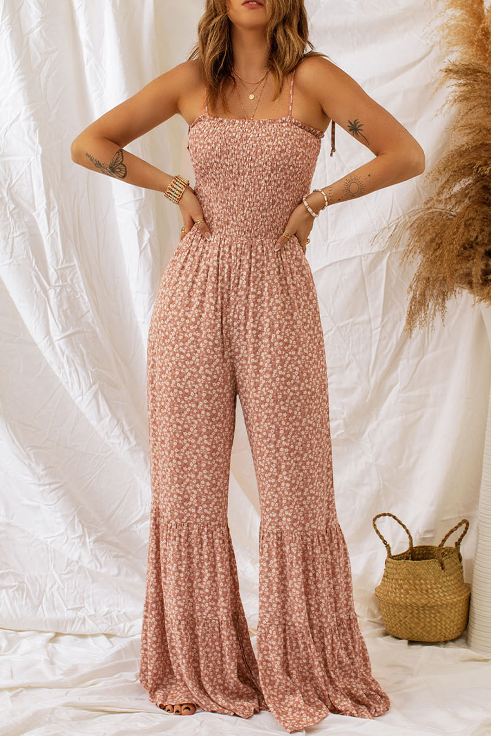 Dusk Blue Floral Print Spaghetti Straps Smocked Wide Leg Jumpsuit | S - 2XL | 4 COLORS