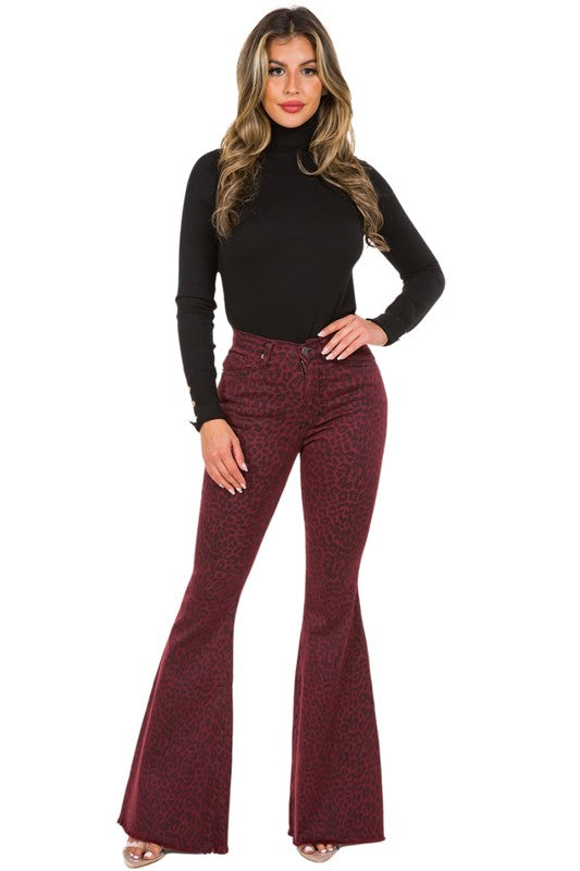 Leopard Bell Bottom Jean in Burgundy - 33.5 Inseam