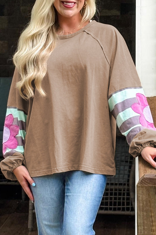 Light French Beige Flower Striped Patchwork Sleeve Plus Size Sweatshirt