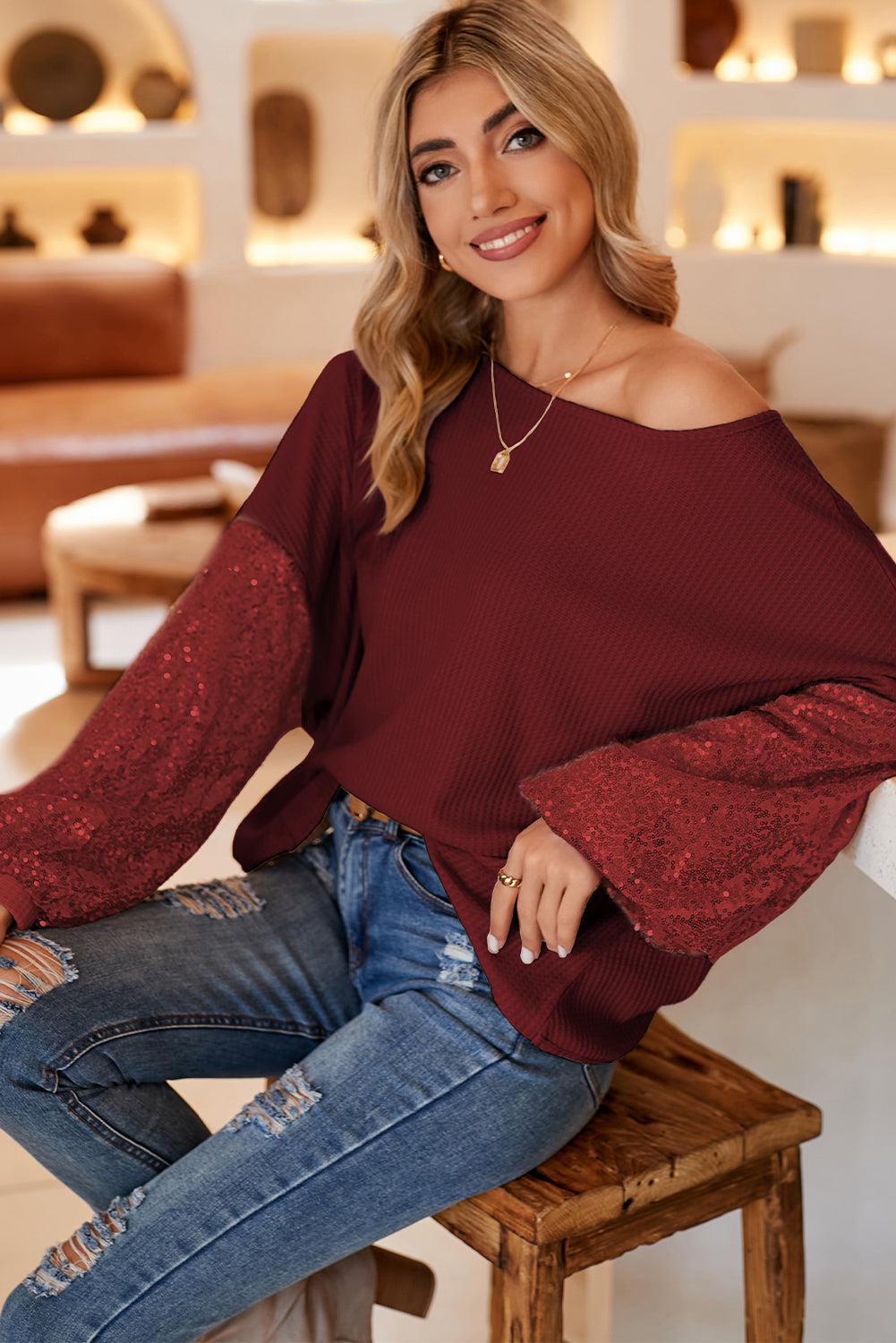 Black Cross Backless Sequin Bishop Sleeve Top | S - 2XL | 3 COLORS