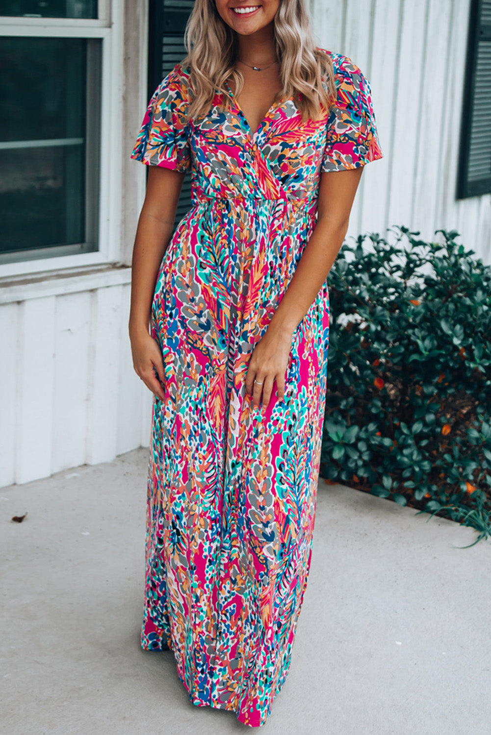 Abstract Botanic Print Wrap V Neck Short Sleeve Maxi Dress