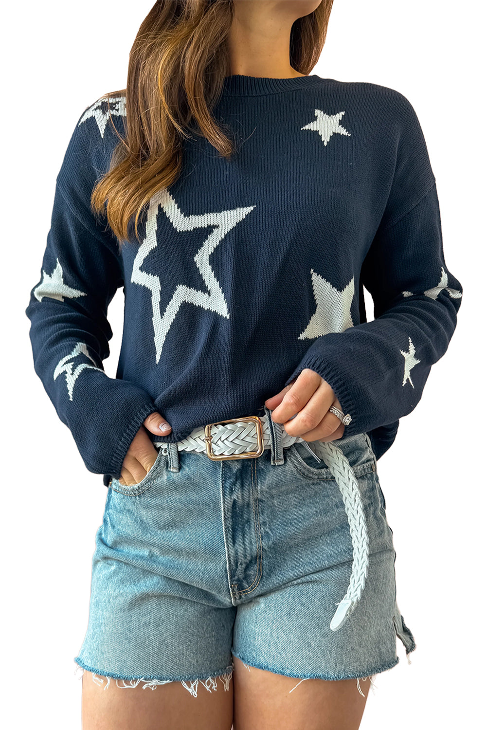 Suéter de punto trenzado con mangas caídas y estampado de estrellas en color azul marino