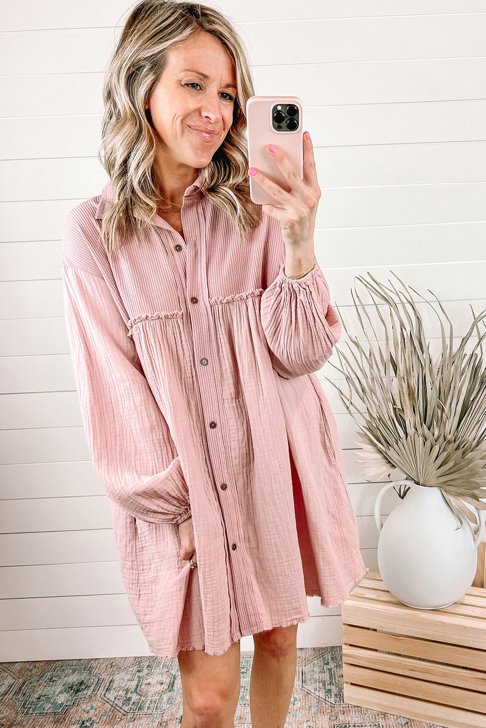 Pink Ribbed Crinkle Patchwork Puff Sleeve Raw Hem Shirt Dress