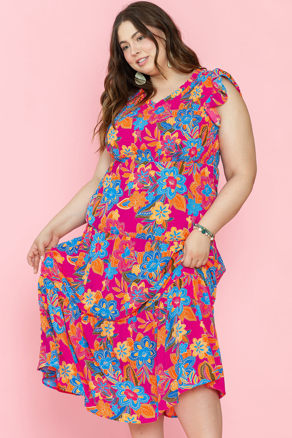 Red Boho Floral Print Ruffled Sleeveless Plus Size Maxi Dress