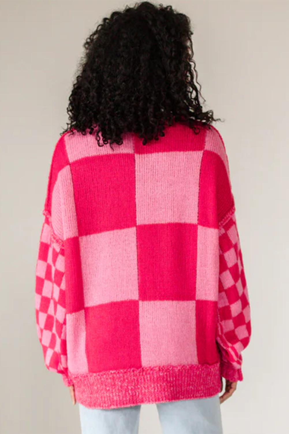 Rose Red Checkered Drop Sleeve Knit Sweater