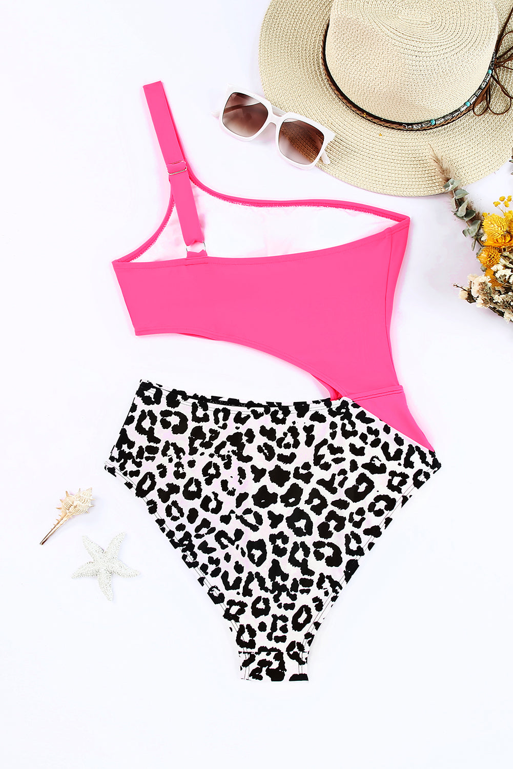 Rose Leopard Asymmetric One Piece Swimsuit