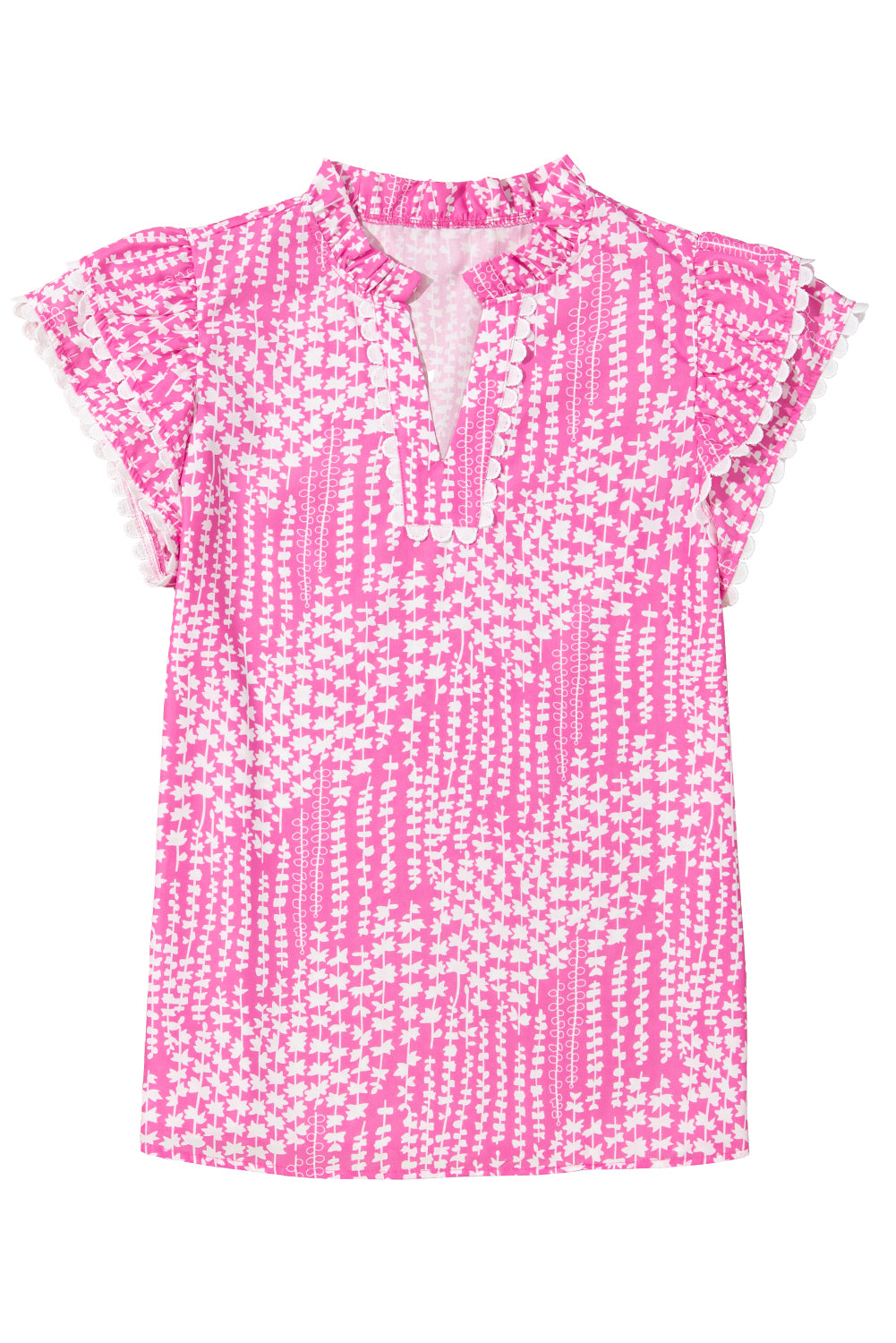 Pink Abstract Print Ric Rac Trim Flutter Sleeve Notch V Neck Blouse