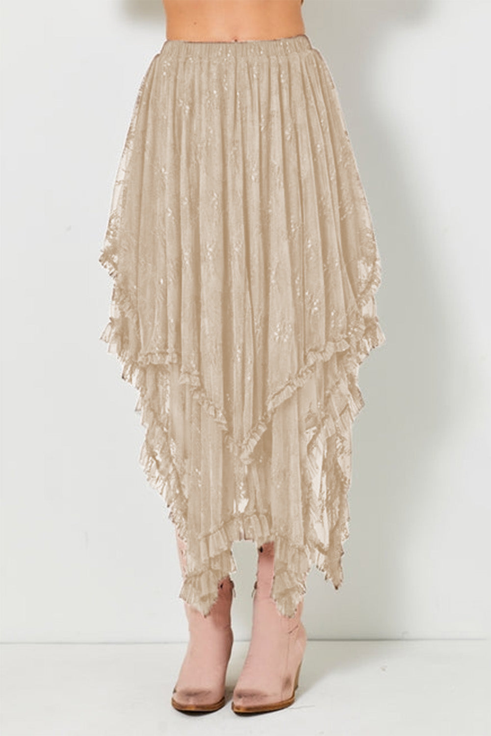 Beige Lace Cascading Tiered High Waist Maxi Skirt