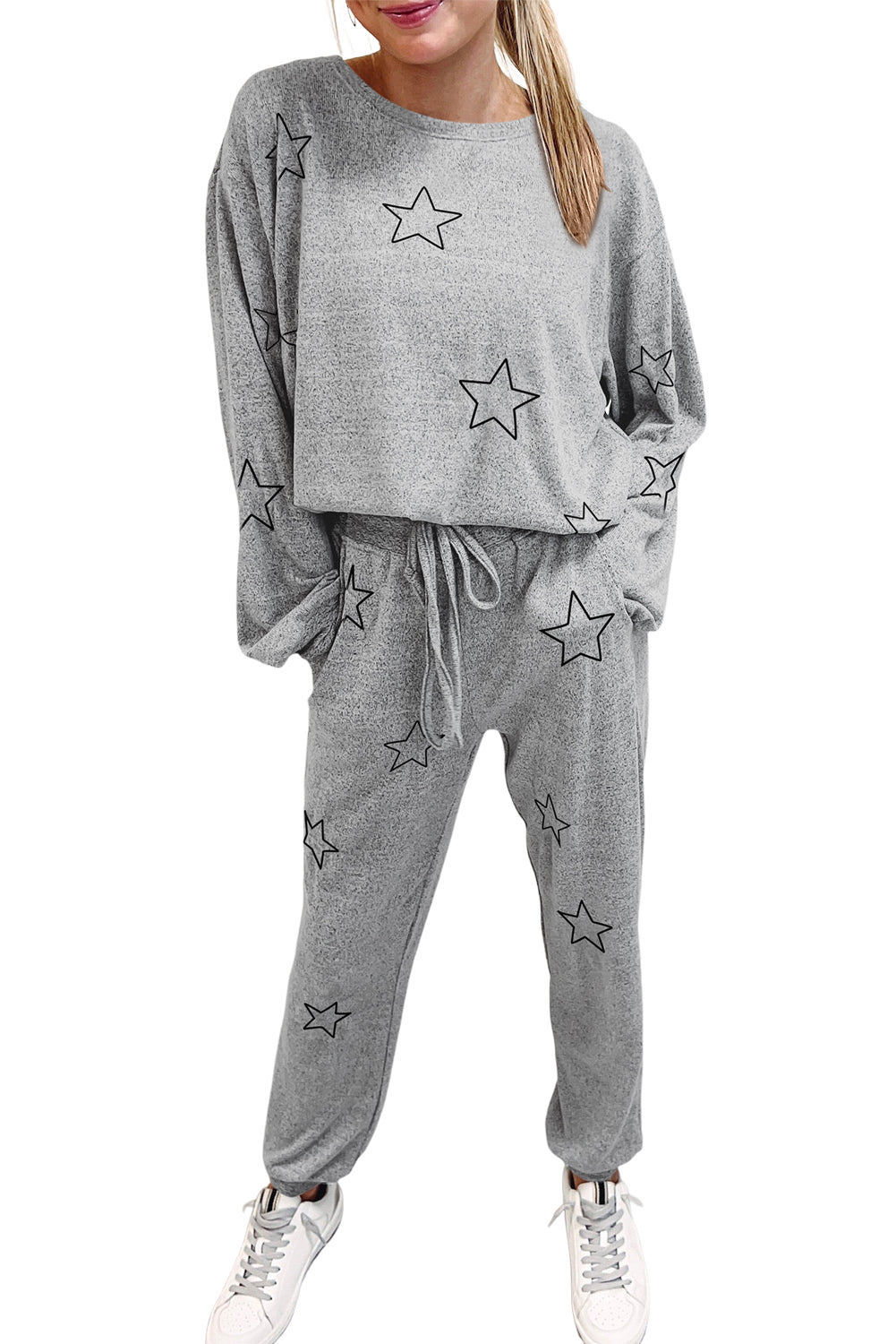 Conjunto de pantalón con cordón y camiseta de manga larga con estampado de estrellas grises