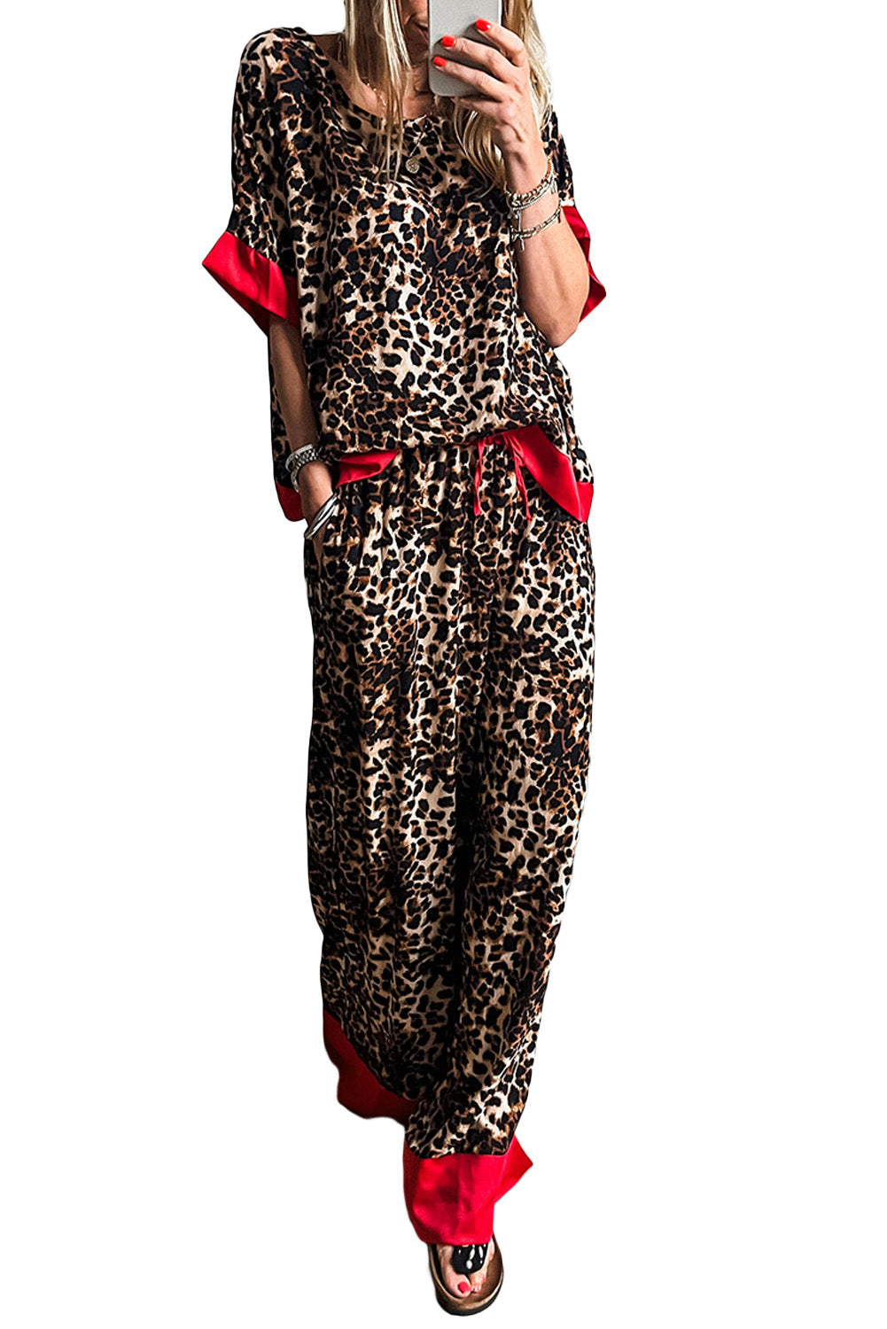 Brown Leopard Print Colorblock Edge Loose Fit Pants Set