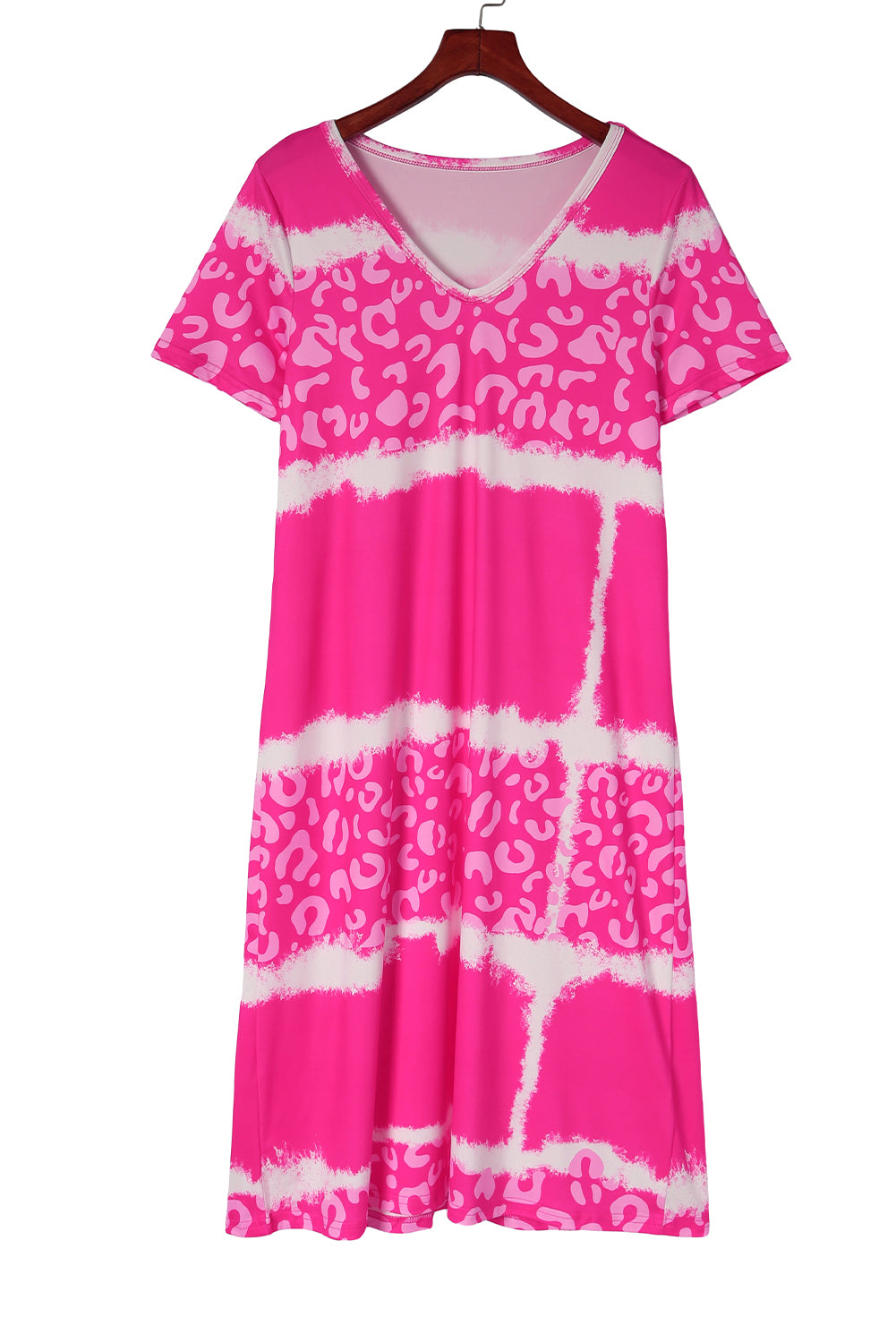Vestido estilo camiseta con escote en V y bloques de color teñido anudado y estampado de leopardo en rosa