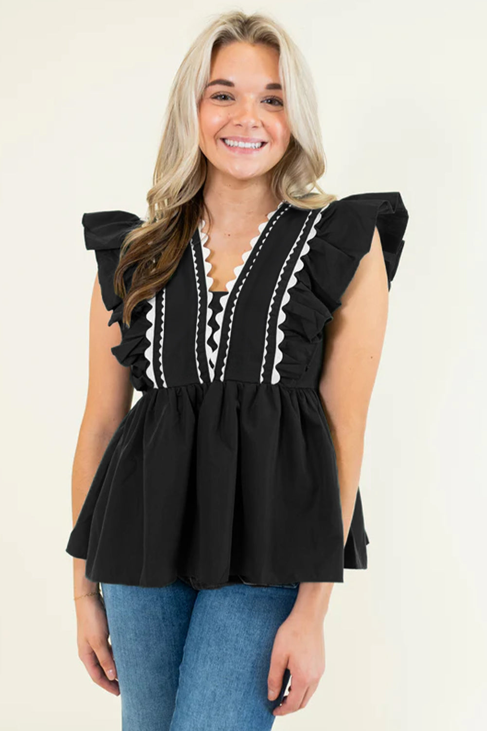 Black Ricrac V Neck Ruffle Sleeveless Blouse