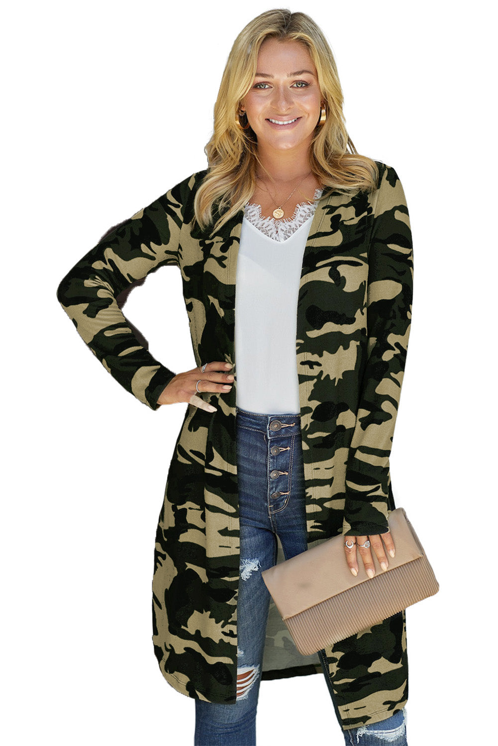 Cárdigan largo con estampado de camuflaje verde