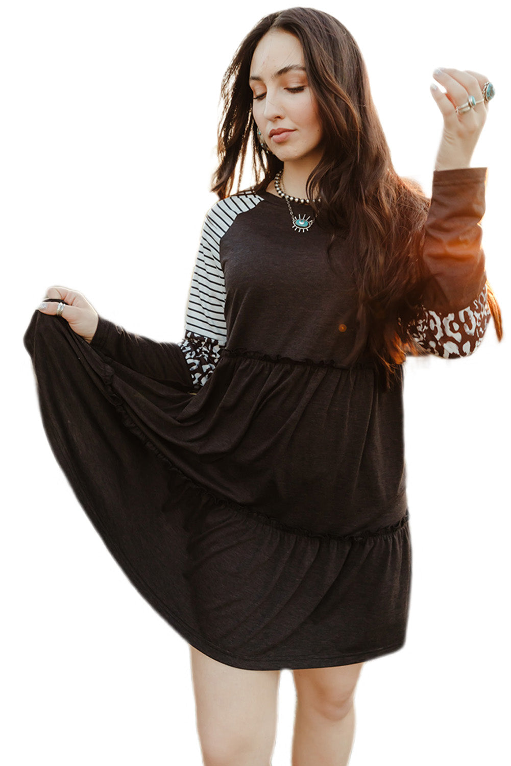 Black Striped Leopard Patchwork Pleated Long Sleeve Dress