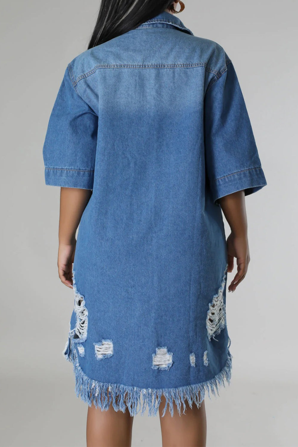 Distressed Raw Hem Button Up Denim Dress | S - 2XL | 2 COLORS