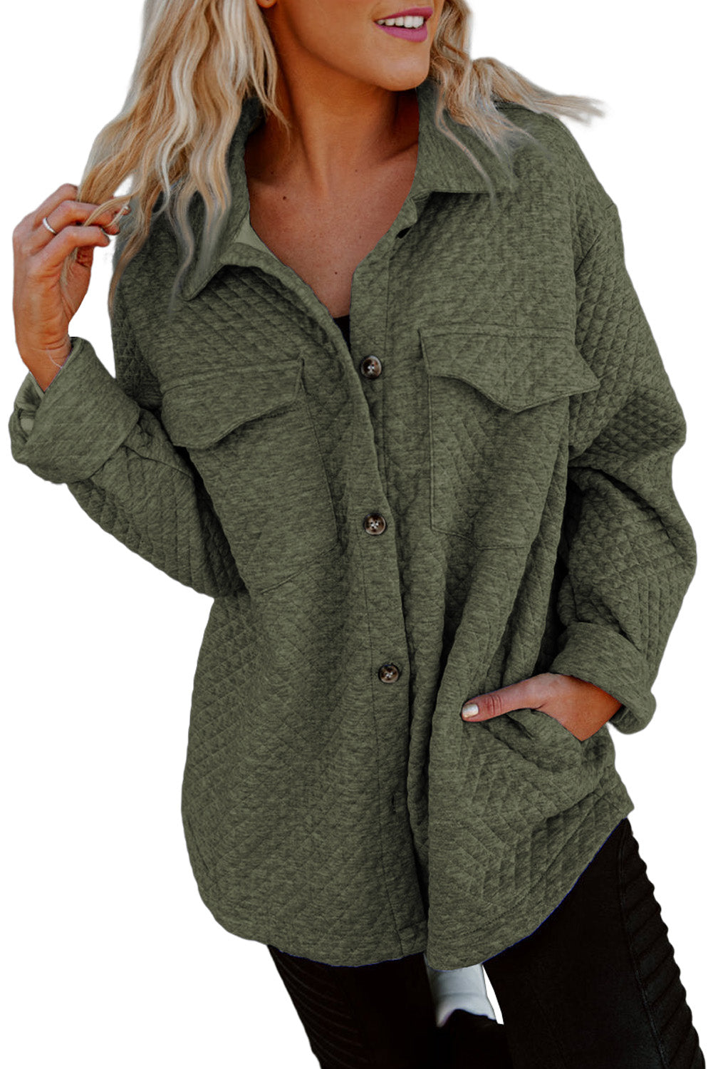 Chaqueta con botones y bolsillos con textura de celosía verde