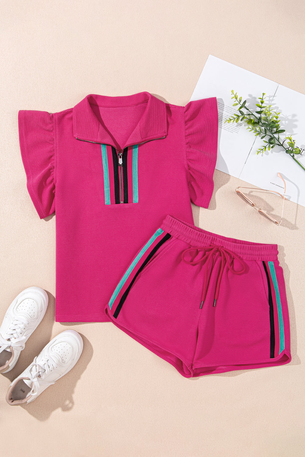Beau Blue Flutter Sleeve Pop of Color Neckline Top and Shorts Set