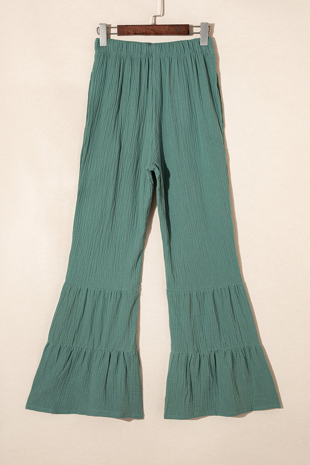 Plain Cotton Tiered Ruffle Flare High Waisted Pants