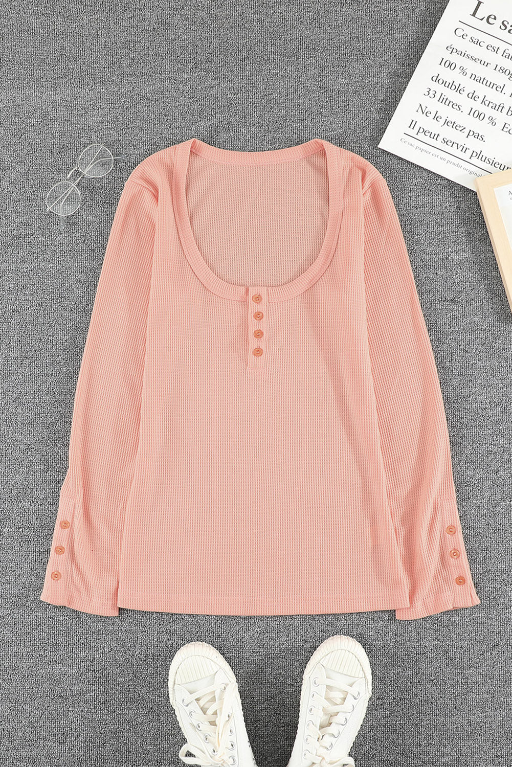 Burgundy Waffle Knit Casual Scoop Neck Long Sleeve Henley Shirt