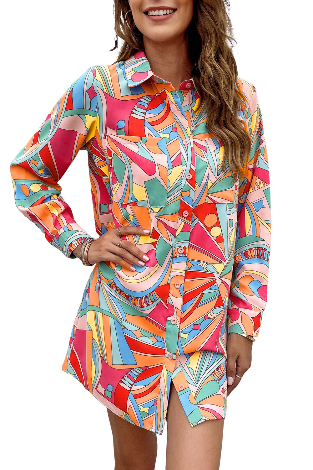 Vestido camisero de manga larga con estampado abstracto multicolor