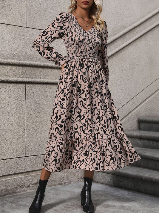 Perfee Printed V-Neck Long Sleeve Midi Dress