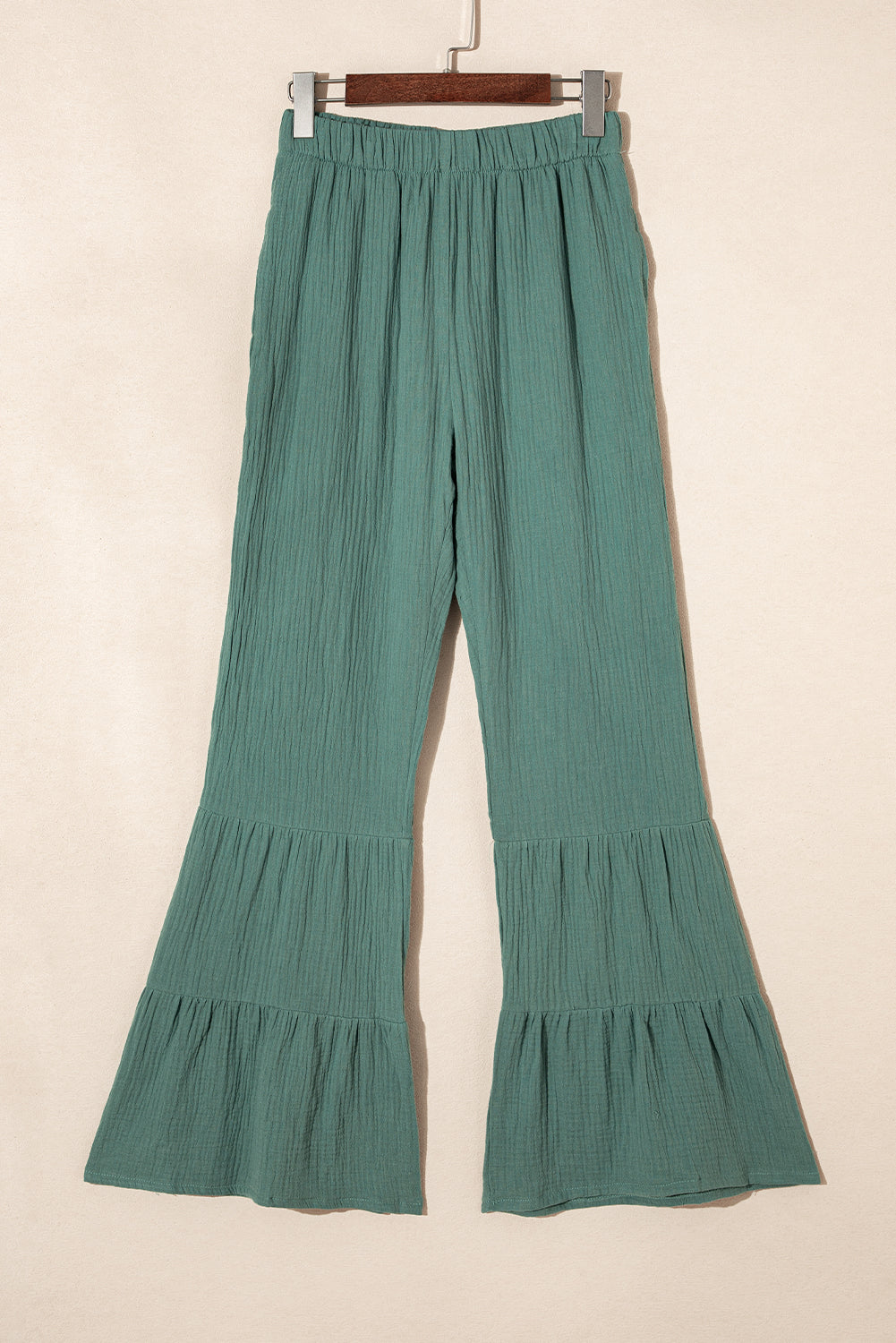 Plain Cotton Tiered Ruffle Flare High Waisted Pants