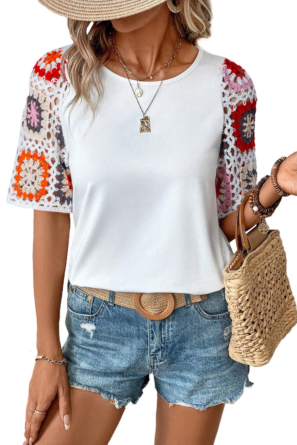 Camiseta con mangas de crochet y estampado floral ahuecado estilo boho turquesa