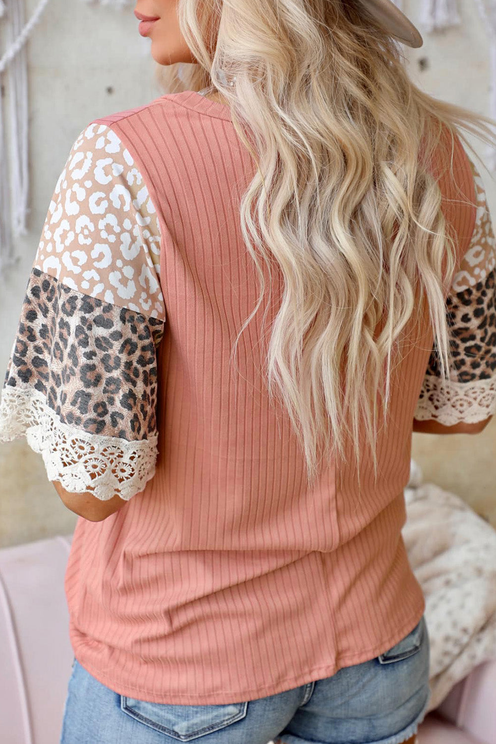 Black Casual Leopard Lace Splicing Sleeve Patchwork Rib-Knit Top