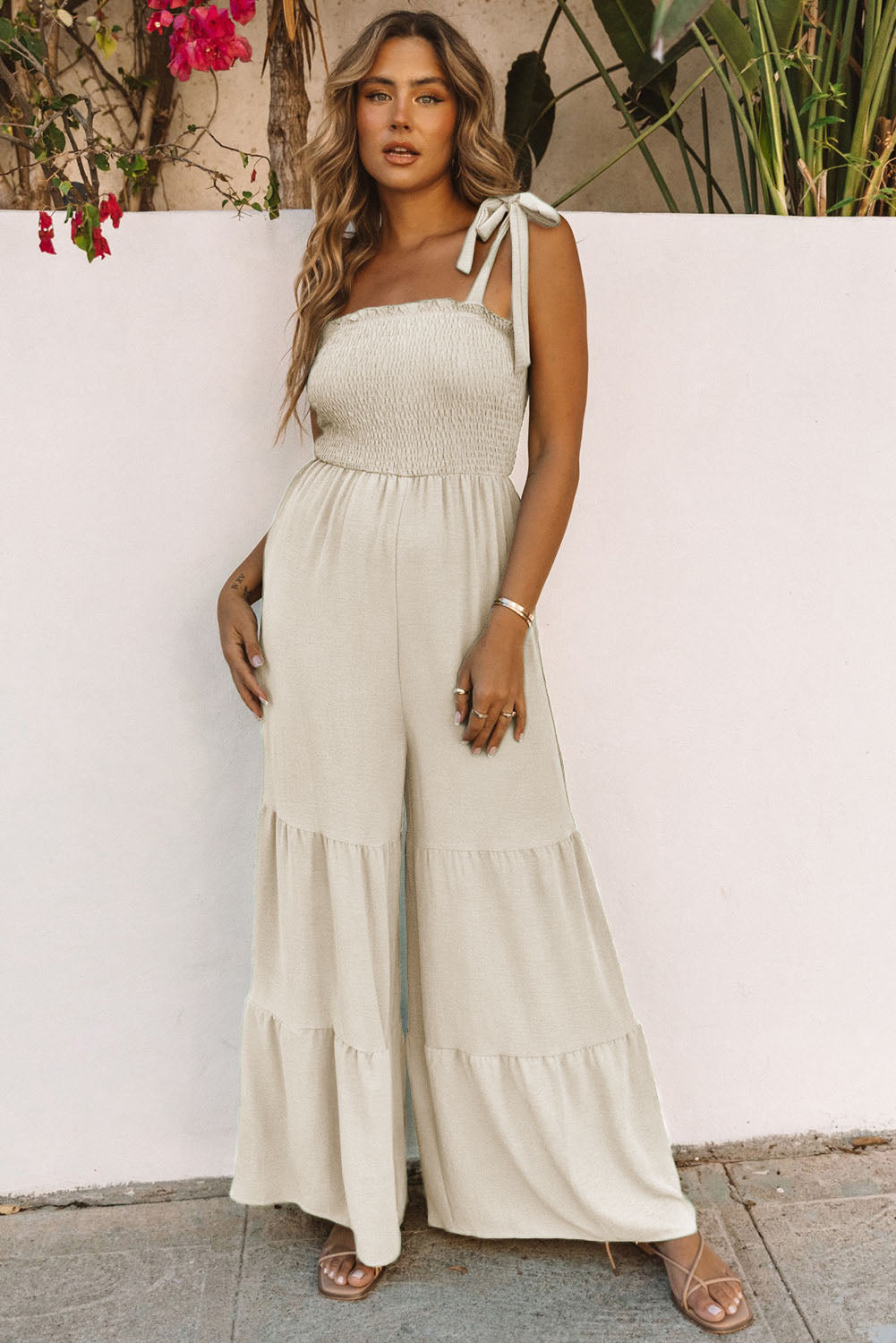 Dark Blue Tie Straps Shirred Casual Tiered Wide Leg Jumpsuit