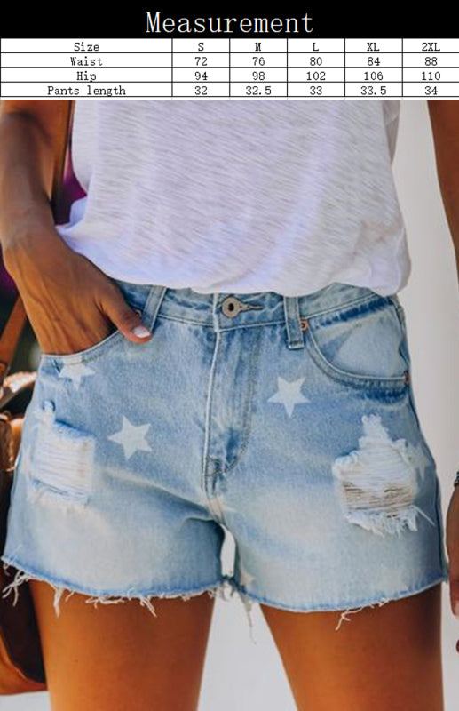 Women's Denim Star Print Distressed  Shorts | S - 2XL