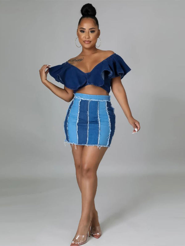 Women's High Waist Patchwork Washed Pleated Denim Skirt