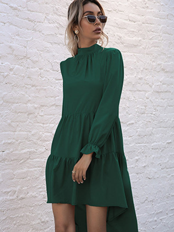 Vestido de mujer de manga larga con volantes, corte alto y bajo 