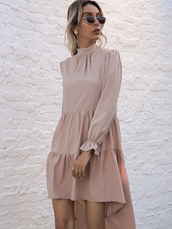 Vestido de mujer de manga larga con volantes, corte alto y bajo 