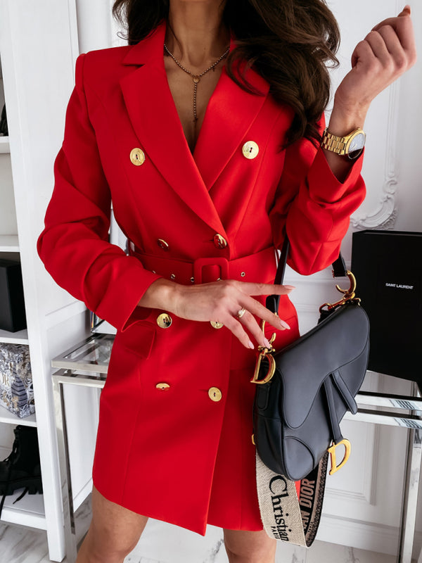 Traje de vestir de color con cinturón y manga larga para mujer, nuevo estilo 
