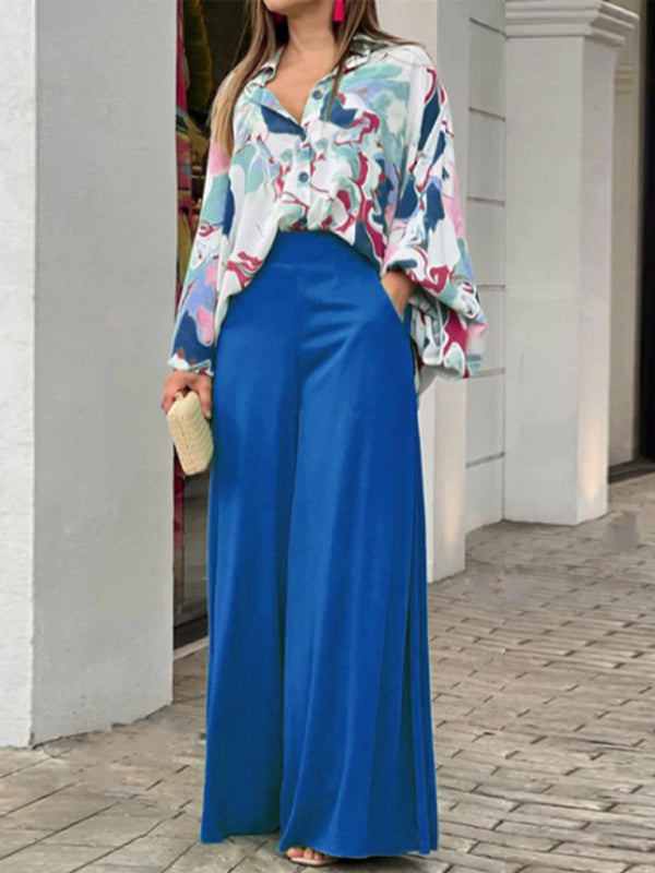 Abstract print loose shirt and wide-leg pants set