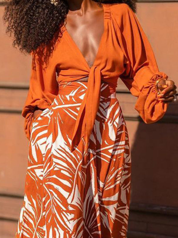 Conjunto de dos piezas de manga larga con cuello en V y pantalones estampados de temperamento de nueva moda 