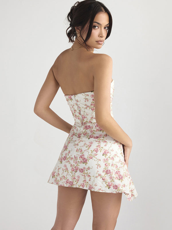 Falda sin espalda y sin tubo de moda para mujer Vestido francés ajustado con flores para chica sexy 