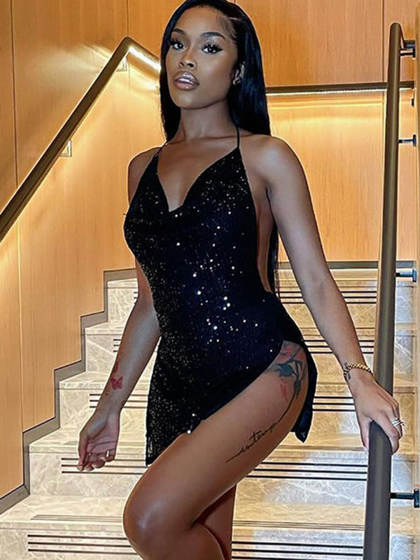 Minivestido sexy con escote halter y espalda descubierta para mujer 