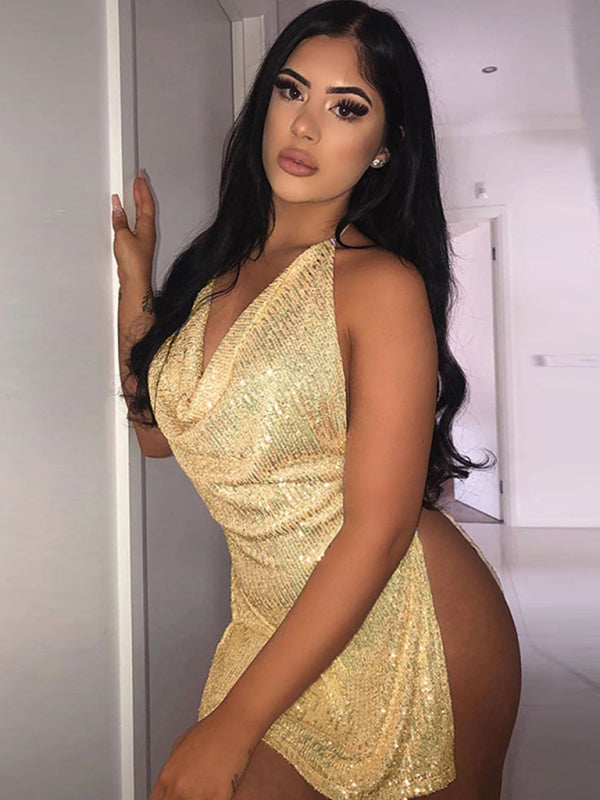 Minivestido sexy con escote halter y espalda descubierta para mujer 