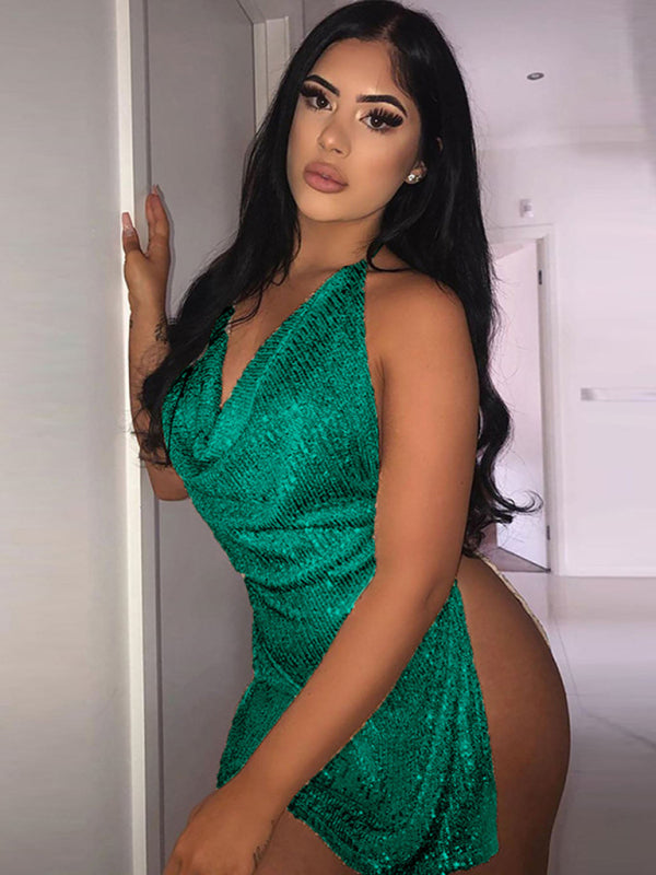 Minivestido sexy con escote halter y espalda descubierta para mujer 