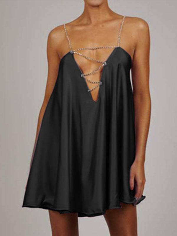 Vestido sexy de mujer con escote en V profundo y cadena de diamantes de metal pesado con abertura en la espalda 