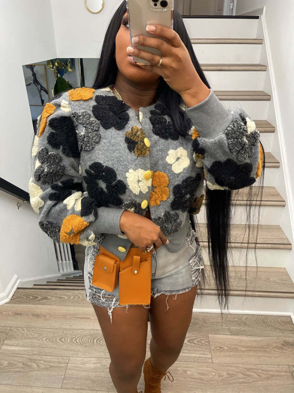 Chaqueta corta con botones y flores tridimensionales para mujer 