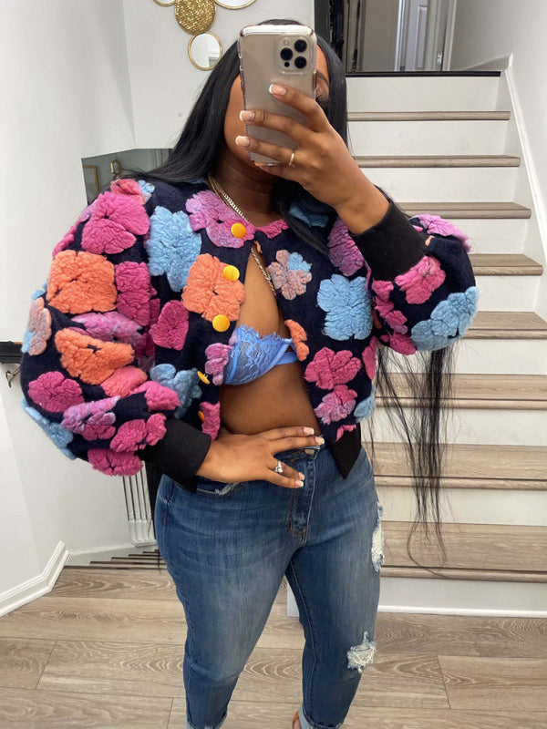 Chaqueta corta con botones y flores tridimensionales para mujer 