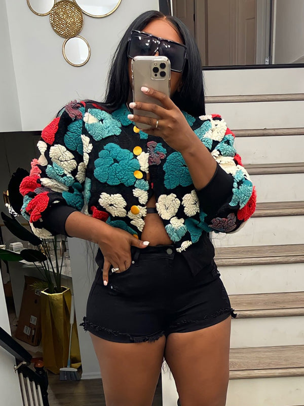 Chaqueta corta con botones y flores tridimensionales para mujer 